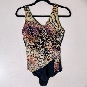 Christina Pink Tan Animal Print Front Black One Piece Bathing Suit Swimsuit XL